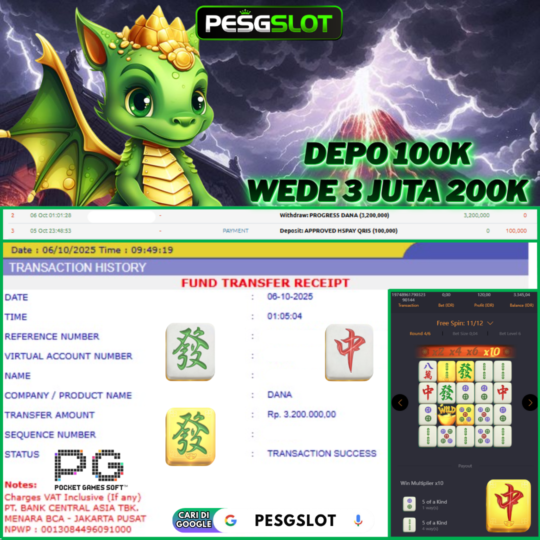 Bukti Kemenangan 6 Oktober 2025 Di PESGSLOT WD 3 JUTA 200K